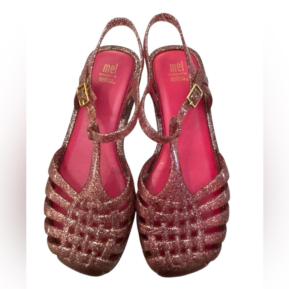 Melissa Aranha Quadrada Pink Glitter Sandals - Size 4